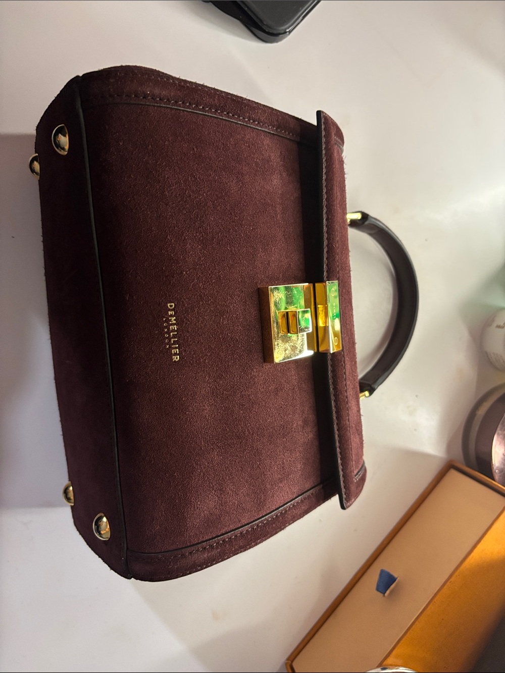 DeMellier Burgundy Suede Satchel with Gold Hardware